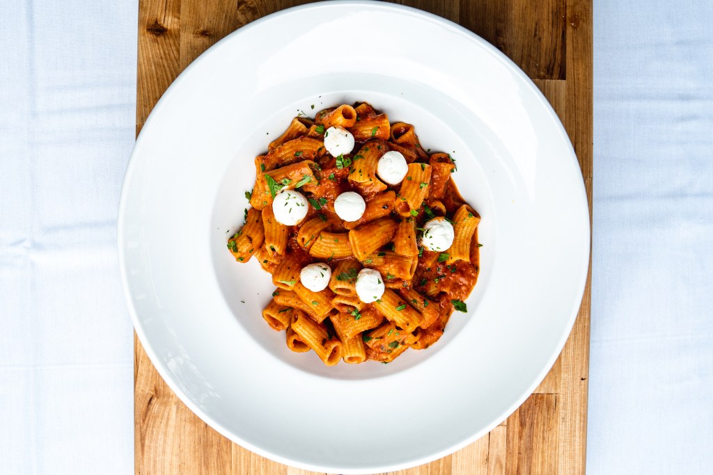 Spicy pomodoro rigatoni with whipped ricotta